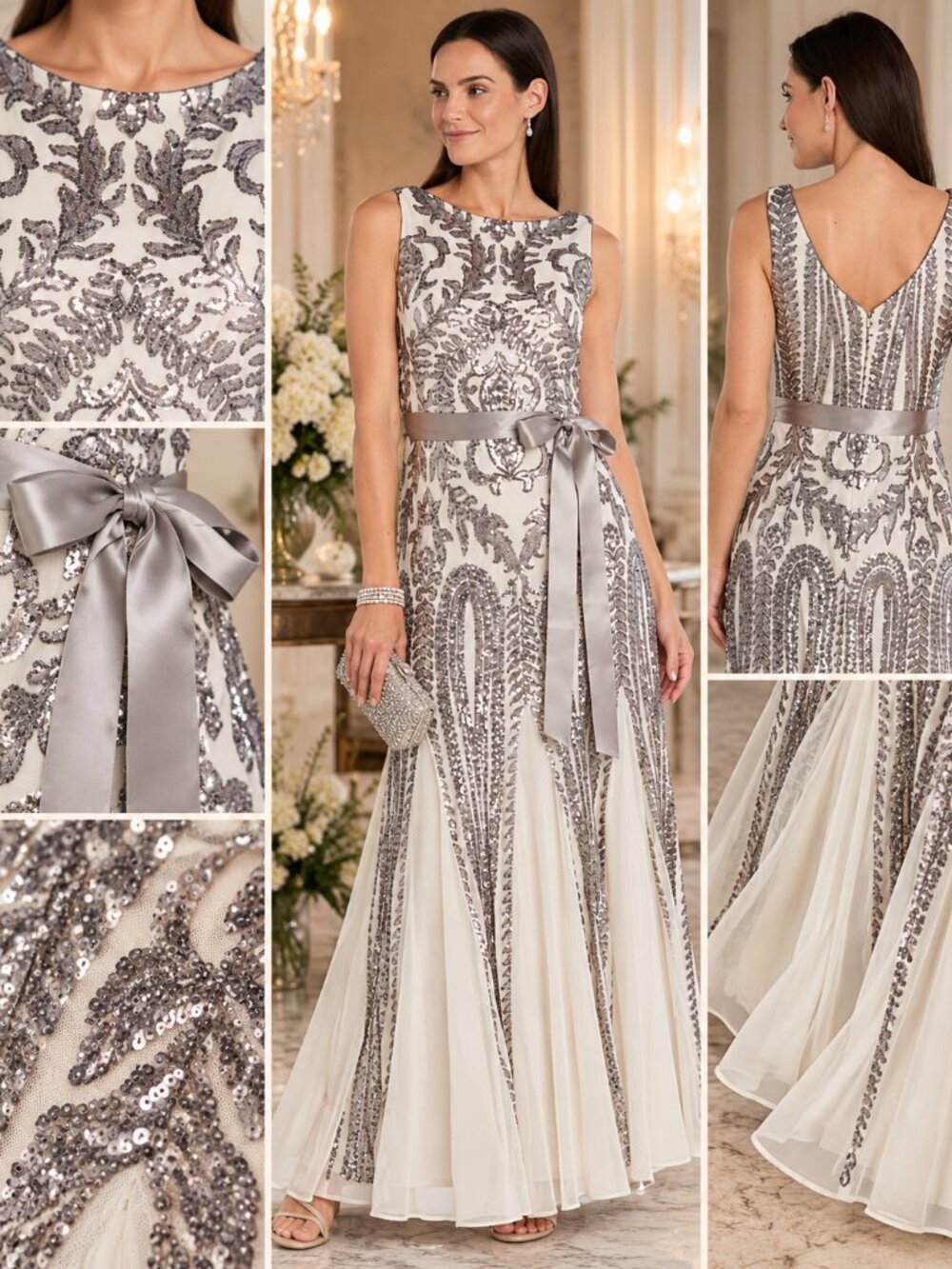 R&M Richards Ivory Pewter Sequin Beaded Formal Evening Gown Size 12 NWT